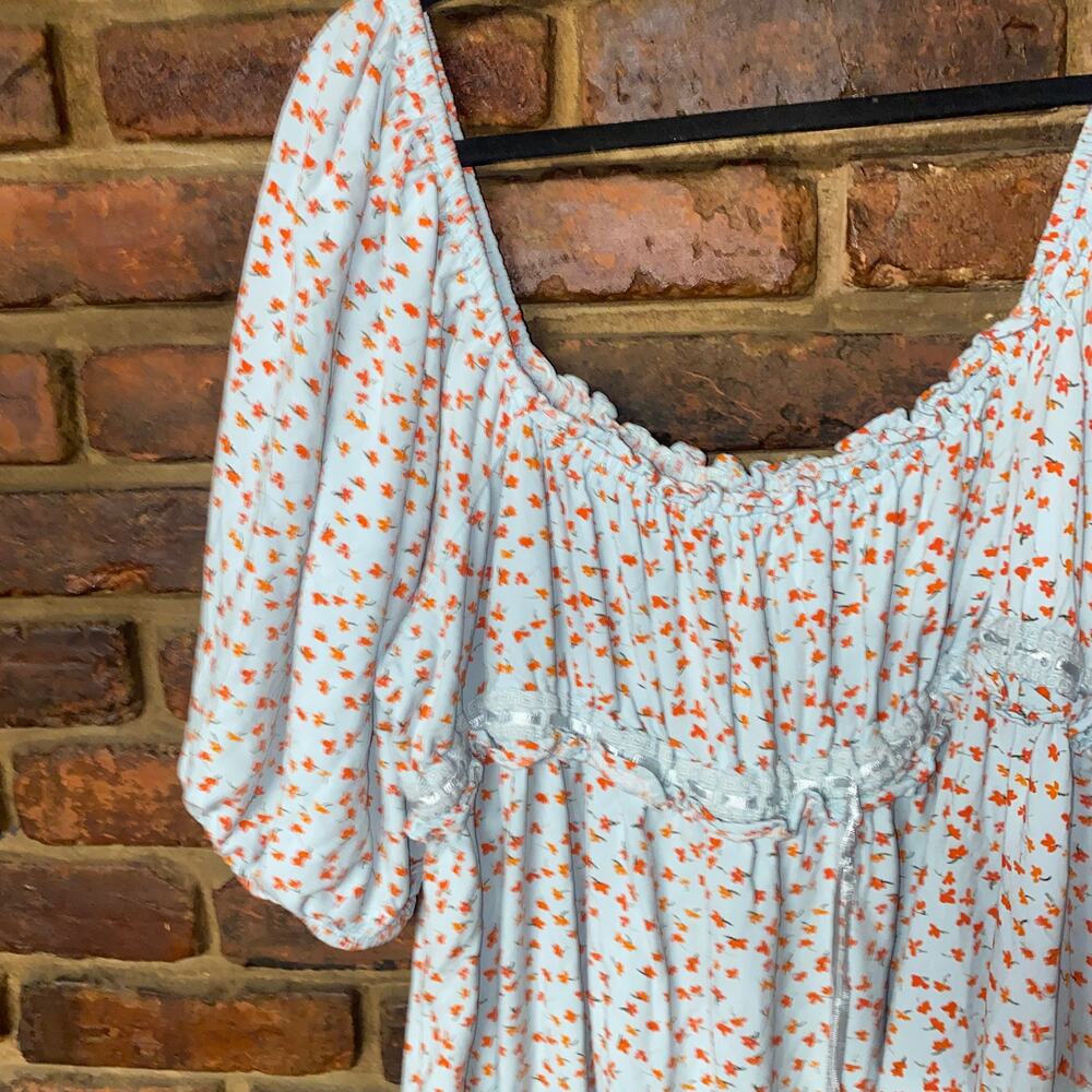 Asos Design Curve Blue Ditsy Floral Square Neck Puff Sleeve Mini Dress Size 14 - Picture 3 of 8